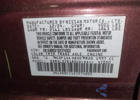 2025 Nissan Sentra Sv z USA, uszkodzony, nr VIN 3N1AB8CV1SY274002